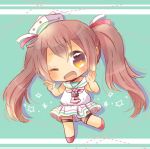  10s 1girl bare_shoulders brown_eyes brown_hair chibi dress full_body green_background hair_ribbon hat kantai_collection kouu_hiyoyo libeccio_(kantai_collection) long_hair looking_at_viewer lowres neckerchief one_eye_closed open_mouth ribbon sailor_dress smile solo standing striped_neckerchief twintails white_dress 