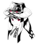  1girl ;) animal_ears braid closed_mouth greyscale hat horned_girl_(jaco) horns jaco long_hair looking_at_viewer monochrome necktie original red_eyes simple_background skull smile smirk solo spot_color white_background 