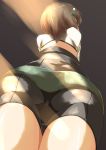  10s 1girl ass bike_shorts black_shorts brown_hair corset foreshortening from_behind grey_skirt headgear kantai_collection nekosu_(nfxgs227) pleated_skirt shiny shiny_clothes shirt short_hair shorts skirt solo taihou_(kantai_collection) thighs white_shirt 