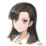  1girl 2016 artist_name asymmetrical_bangs bangs brown_eyes brown_hair brown_jacket chi-hatan_military_uniform closed_mouth collarbone commentary dated emblem eyebrows_visible_through_hair face girls_und_panzer long_hair looking_at_viewer military military_uniform nishi_kinuyo portrait shamakho shirt simple_background smile solo star uniform white_background white_shirt 