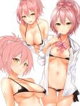  1girl anza_tomo bangs bare_shoulders bikini bikini_under_clothes black_bikini blush bow bowtie breasts cleavage collarbone dress_shirt hair_between_eyes hair_bow highres hips idolmaster idolmaster_cinderella_girls jougasaki_mika looking_at_viewer looking_to_the_side medium_breasts micro_bikini multiple_views navel off_shoulder open_mouth parted_lips pink_bow pink_hair ponytail shirt side-tie_bikini simple_background sleeves_rolled_up smile striped striped_bow striped_bowtie swimsuit thighs unbuttoned unbuttoned_shirt waist white_background yellow_eyes 