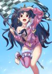  1girl :d arm_up bangs bare_shoulders black_hair blush checkered checkered_flag collarbone crown earrings fate/grand_order fate_(series) female flag fur_trim hair_ribbon happy highres hoop_earrings ishtar_(fate/grand_order) ishtar_(swimsuit_rider)_(fate) jacket jewelry long_sleeves looking_at_viewer neck off_shoulder open_mouth parted_bangs pink_jacket pink_legwear red_eyes ribbon single_thighhigh smile solo thigh-highs toeless_legwear toes tohsaka_rin two_side_up type-moon urayama_(backmountain) very_long_hair 