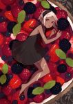  1girl bare_shoulders barefoot berry black_dress blackberry_(fruit) blueberry commentary currant dark_skin dress food from_above fruit halterneck highres horns in_food leaf looking_at_viewer minigirl original pastry pointy_ears raspberry red_eyes shiba_inu_(happy13227) short_hair solo strawberry tart_(food) white_hair 