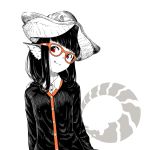  1girl animal_ears bangs blunt_bangs buttons glasses greyscale hat head_tilt horned_girl_(jaco) jacket jaco logo long_hair long_sleeves looking_at_viewer monochrome orange-framed_eyewear original parted_lips red_eyes shirt simple_background smile solo spot_color upper_body white_background 