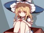  1girl blonde_hair bloomers blush_stickers box hat in_box in_container kirisame_marisa long_hair looking_at_viewer puffy_short_sleeves puffy_sleeves short_sleeves sitting sketch solo touhou underwear vest witch_hat yellow_eyes yururi_nano 