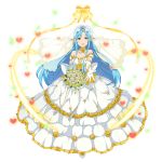 1girl asuna_(sao) asuna_(sao-alo) blue_eyes blue_hair bouquet detached_collar dress elbow_gloves flower gloves highres holding holding_flower long_hair official_art open_mouth outstretched_arm pointy_ears simple_background sword_art_online veil white_background 
