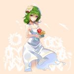  1girl alternate_costume bare_shoulders bouquet breasts cleavage dress flower green_hair hair_flower hair_ornament jewelry kazami_yuuka looking_at_viewer medium_breasts necklace red_eyes rin_falcon sleeveless solo standing sundress sunflower touhou white_dress wind wind_lift 