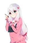  1girl absurdres blue_eyes bow eromanga_sensei eyebrows_visible_through_hair hair_between_eyes hair_bow highres holding holding_pen huashengjiang izumi_sagiri long_hair pink_shirtneck_ribbon pink_shotrs red_bow red_ribbon ribbon silver_hair simple_background solo standing upper_body very_long_hair white_background 