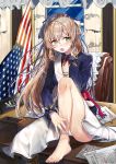  1girl :o american_flag angry bangs blush boots brown_hair character_name crying dress eyebrows_visible_through_hair flag girls_frontline gloves gloves_removed green_eyes hair_between_eyes hand_in_hair hand_up highres indoors jacket leaning_forward leg_up lips long_hair looking_at_viewer m1903_springfield_(girls_frontline) meoneo military military_uniform nail_polish open_clothes open_jacket open_mouth shoes_removed sitting solo sparkle tears uniform white_background white_dress 