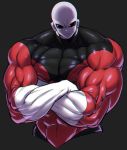  1boy bald black_background black_eyes bodysuit closed_mouth cowboy_shot crossed_arms dragon_ball dragon_ball_super gloves jiren looking_at_viewer male_focus md5_mismatch muscle serious shiny simple_background skin_tight solo space_jin universe_11_(dragon_ball) upper_body 