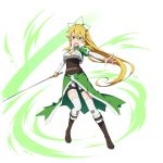  1girl blonde_hair boots braid brown_footwear green_eyes highres leafa long_hair official_art open_mouth pointy_ears ponytail sword sword_art_online sword_art_online:_memory_defrag thigh-highs transparent_background twin_braids weapon 