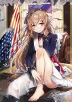  1girl american_flag bangs barefoot blush boots brown_hair character_name dress eyebrows_visible_through_hair feet flag girls_frontline gloves gloves_removed green_eyes hair_between_eyes hand_in_hair hand_up highres indoors jacket leaning_forward leg_up lips long_hair looking_at_viewer m1903_springfield_(girls_frontline) meoneo military military_uniform nail_polish open_clothes open_jacket shoes_removed sitting smile solo sparkle uniform white_background white_dress 