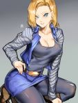  1girl android_18 blonde_hair blue_eyes breasts cleavage denim denim_skirt dragon_ball dragonball_z earrings gradient gradient_background grey_background highres jewelry kumiko_shiba looking_at_viewer medium_breasts parted_lips short_hair skirt smile solo thighs 