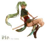  1girl absurdres akuria boots character_name copyright_name dress earrings fire_emblem full_body fur_trim green_eyes green_hair hair_between_eyes highres jewelry katana long_hair looking_at_viewer lyndis_(fire_emblem) pelvic_curtain ponytail sash scabbard sheath short_sleeves simple_background smile solo sword unsheathing weapon white_background 