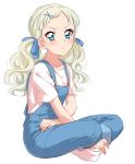  &gt;:o 1girl :o aikatsu! aqua_eyes bangs blonde_hair blue_pants blush commentary from_side full_body hair_ornament highres indian_style long_hair looking_at_viewer no_shoes overalls pants parted_lips sekina shirt short_sleeves simple_background sitting socks solo toudou_yurika twintails white_background white_legwear white_shirt x_hair_ornament 