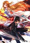  1boy 1girl asuna_(sao) bare_shoulders black_coat black_eyes black_hair black_shirt black_trousers braid breastplate brown_eyes brown_hair commentary_request dual_wielding french_braid highres holding holding_sword holding_weapon kirito long_hair looking_at_viewer pose red_skirt sheath shirt short_hair skirt sword sword_art_online swordsouls thigh-highs weapon white_legwear white_shirt zettai_ryouiki 