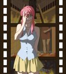  blood cleaver covering_one_eye double_cast esukee film_strip filmstrip green_eyes horror jewelry knife necklace original pink_hair skirt smile stairs standing yandere 