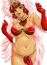  bikini blue_eyes choker dark_skin elbow_gloves feathers funky-harem fur gloves happy loincloth midriff navel red_hair redhead ricarla_borgnine shiny shiny_skin short_hair shu-z super_robot_wars swimsuit 