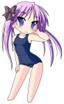  blue_eyes chibi hair_ribbon hair_ribbons hiiragi_kagami lucky_star neopure one-piece_swimsuit purple_hair ribbon ribbons school_swimsuit super_deformed swimsuit twintails 