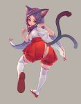  ass breasts brown_eyes cat_ears cat_hood cat_pose cat_tail hood japanese_clothes kneepits looking_back multiple_tails nekomata original paw_pose sideboob simple_background smile tail thigh-highs thighhighs weno 