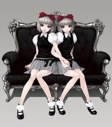 2girls couch creepy gothic gothic_lolita grey_hair highres kunishige_keiichi legs loli lolita_fashion multiple_girls original red_eyes short_hair siblings sisters sitting twins