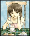  brown_eyes brown_hair camisole cup hair_ornament hairclip iwakura_lain plaid serial_experiments_lain short_hair smile strap_slip tartan tea teacup 