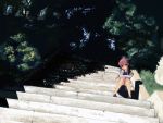  bike_shorts chin_rest long_hair looking_at_viewer original pink_hair school_uniform sitting stairs yada_ei 