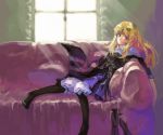  1girl boots couch grimgrimoire hat lillet_blan nippon_ichi pantyhose purple_eyes solo violet_eyes witch_hat 