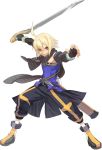  blonde_hair elbow_gloves emil_castagnier fingerless_gloves gloves grin highres male namco official_art okumura_daigo red_eyes scarf smile sword tales_of_(series) tales_of_symphonia tales_of_symphonia_knight_of_ratatosk weapon 