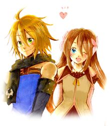  1girl blonde_hair blue_eyes brown_hair couple emil_castagnier flower green_eyes hapu long_hair love marta_lualdi scarf smile tales_of_(series) tales_of_symphonia tales_of_symphonia_knight_of_ratatosk wink 