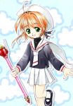  card_captor_sakura cardcaptor_sakura cloud fuuin_no_tsue green_eyes hat kinomoto_sakura magical_girl mary_janes pleated_skirt rod sailor_hat school_uniform serafuku shoes skirt tom_(artist) 