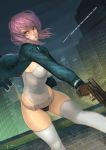  beltskirt breasts cleavage erect_nipples fingerless_gloves ghost_in_the_shell ghost_in_the_shell_stand_alone_complex gloves gun jacket kusanagi_motoko lokman_lam purple_hair red_eyes sideboob thigh-highs thighhighs weapon 