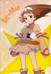  belt boots brown_hair clenched_hands detached_sleeves dress flat_chest frills hair_ornament hair_ribbon highres knee_boots long_hair official_art re_mii red_eyes ribbon sakai_kyuuta scan short_dress smile solo sparkle standing star turtleneck zoids zoids_genesis 