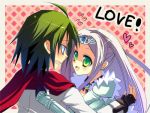  1girl almaz_von_almadine_adamant armor blue_eyes blush brooch cape circlet couple disgaea disgaea_3 eye_contact fingerless_gloves gloves green_eyes green_hair heart hug jewelry long_hair love lowres makai_senki_disgaea_3 mirano_(hot_colors) open_mouth sapphire_rhodonite short_hair silver_hair sweatdrop 