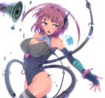  breasts brown_hair cable cleavage elbow_gloves gloves headset jewelry kasai_shin kokoro_(artist) original plugsuit purple_eyes short_hair striped striped_legwear striped_thighhighs tan thigh-highs thighhighs violet_eyes wires 