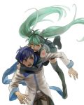  blue_hair cling detached_sleeves esukee glomp green_hair hatsune_miku hug jumping kaito scarf tackle thigh-highs thighhighs twintails vocaloid 