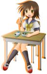  chopsticks desk fang food kusakabe_misao lucky_star obento obentou school_uniform serafuku short_hair sitting smile yellow_eyes 