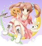  brown_hair hair_ribbon halloween jack-o'-lantern konomix kotobamaru polka_dot pumpkin ribbon skirt twintails 