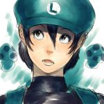  black_hair blush costume genderswap hat humio luigi mushroom nintendo super_mario_bros. teeth 