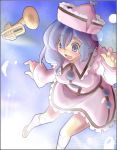  blue_eyes blue_hair hat instrument lowres merlin_prismriver open_mouth skirt sky smile touhou trumpet 