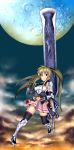  alternate_weapon armor belt blonde_hair fate_testarossa gauntlets gloves greaves highres mahou_shoujo_lyrical_nanoha moon red_eyes ribbon skirt sword thigh-highs thighhighs twintails weapon 