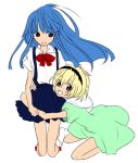  blonde_hair blue_hair colored dress erino furude_rika higurashi_no_naku_koro_ni houjou_satoko hug long_hair ribbon ribbons risana sailor_dress short_hair skirt suspenders 