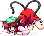  blush cat_ears chen happy hat nagana_sayui oekaki red_eyes red_hair redhead skirt smile tail top-down_bottom-up touhou 