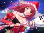  bare_shoulders blue_eyes blush breasts broom choker cleavage dutch_angle elbow_gloves fingerless_gloves game_cg gloves hat majodou night red_hair redhead sano_toshihide star witch witch_hat 