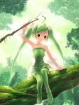  armpits bare_shoulders blush branch fairy forest green_eyes green_hair green_legwear hair_bobbles hair_ornament in_tree marurur nature pointy_ears sitting sitting_in_tree summon_night summon_night_3 thighhighs tree trees twintails yonasawa 