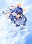  blue_eyes blue_hair cirno dress fairy flying ham_(points) ice icicle ribbon sky sunshine touhou upside-down upside_down 