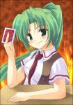  cards fire green_eyes green_hair higurashi_no_naku_koro_ni holding holding_card long_hair lowres sonozaki_mion table 