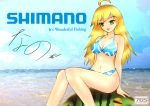 a_(pixiv12020) beach bikini blonde_hair green_eyes hoshii_miki idolmaster long_hair swimsuit 