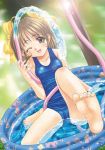  brown_hair feet hose inflatable_pool long_hair one-piece one-piece_swimsuit pov_feet saitou_tsukasa school_swimsuit swimsuit wading_pool wink 