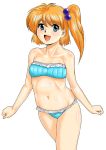  1girl bikini blue_bikini blue_eyes blush flat_chest funky-harem orange_hair shiny shiny_skin short_hair shu-z side_ponytail smile solo super_robot_wars swimsuit white_background 